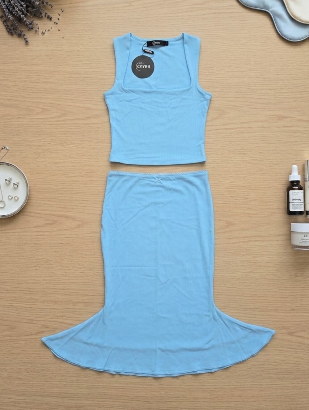 NWT Small Baby Blue 2-Piece Set: Square Neck Crop Tank & Mermaid Midi Skirt Bow